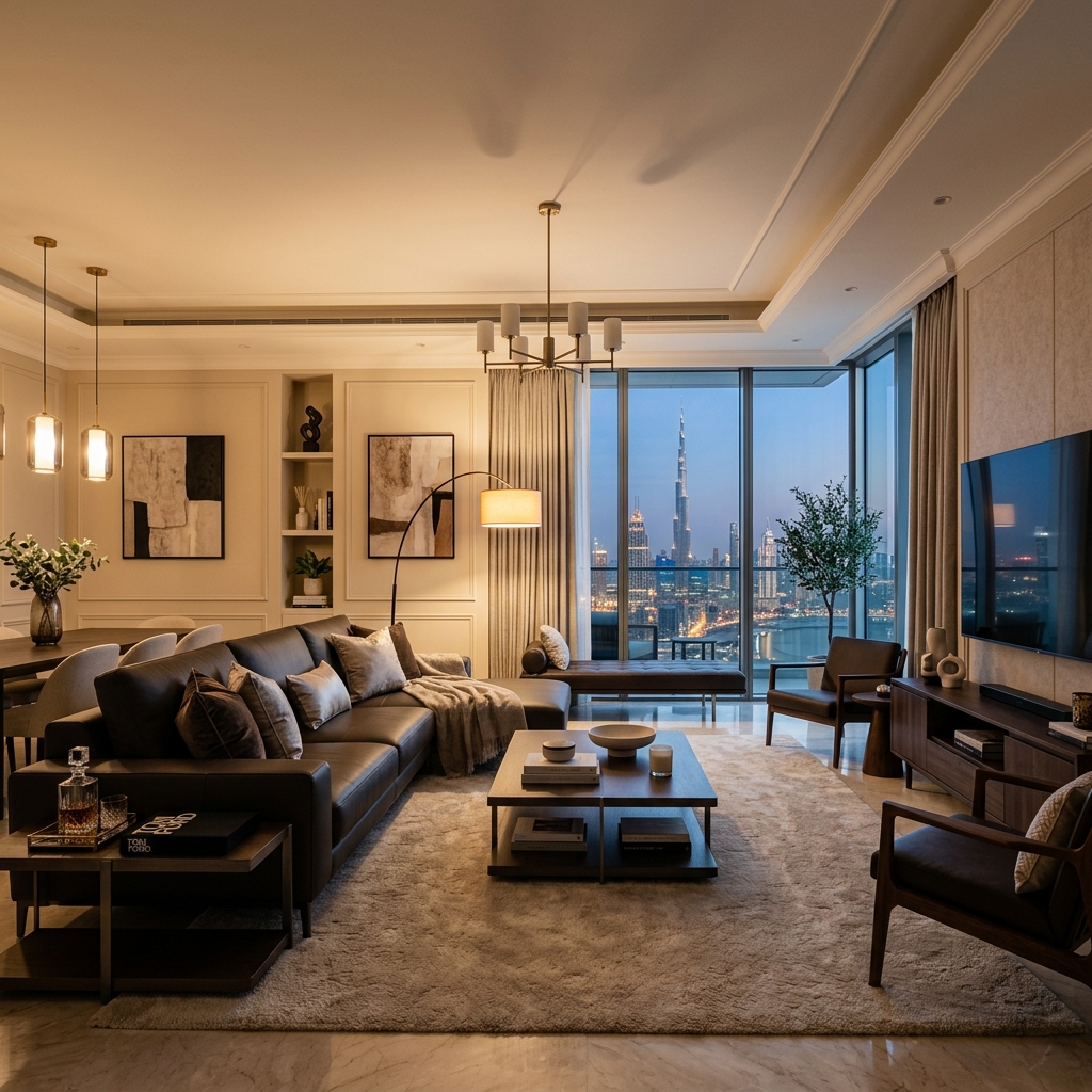 Warm villa living room renovation with layered lighting, tailored furniture, and city views.