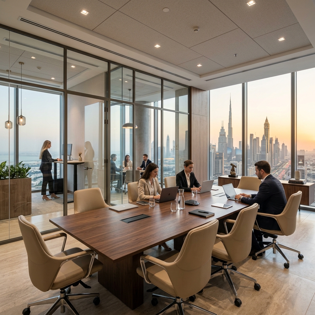 Contemporary office fit-out with meeting zones, desks, and clean glass-lined partitions.